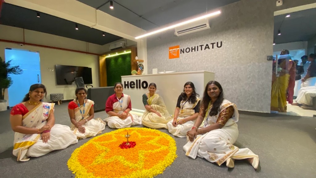 Nohitatu team celebrating Onam with a pookalam at reception
